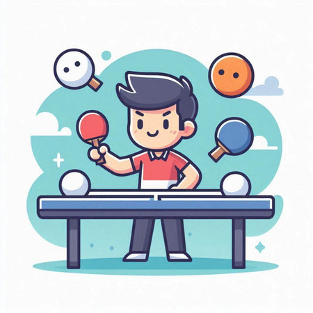 Boy playing table tennis. Vector illustration in a flat cartoon style.のイラスト素材