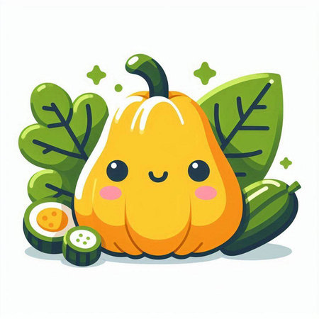 Cute cartoon pumpkin character with green leaves and cucumber. Cute vegetable vector illustration.のイラスト素材
