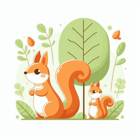 Cute cartoon squirrels in the forest. Vector illustration in flat style.のイラスト素材