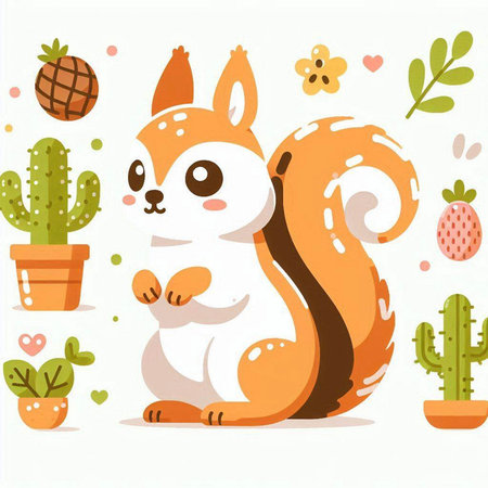 Cute squirrel sitting on the ground with cactus. Vector illustration.のイラスト素材