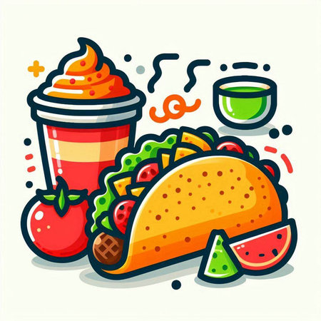 Taco with ice cream, watermelon and tomato. Vector illustration.のイラスト素材