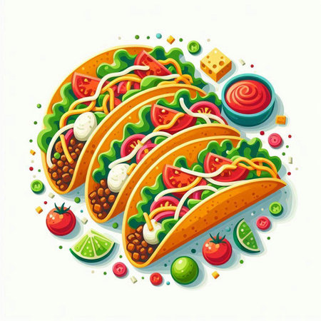 Mexican tacos with vegetables, cheese and sauce. Vector illustration.のイラスト素材