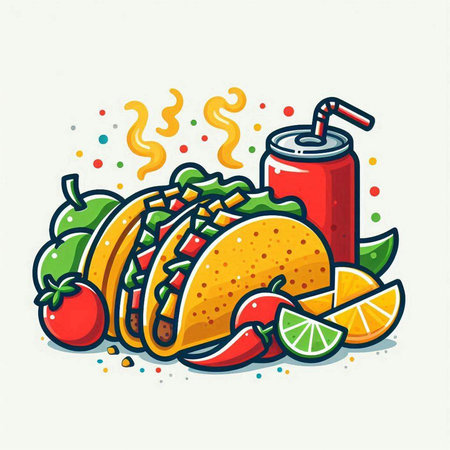 Taco with lime and cola. Fast food vector illustration.のイラスト素材