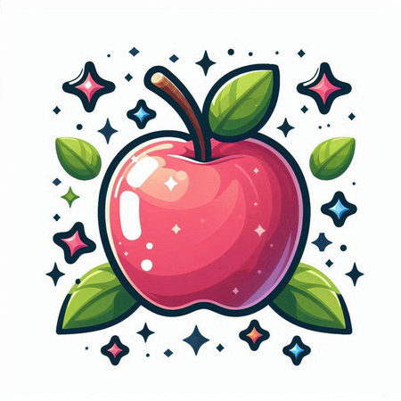 Red apple with green leaves and stars on white background. Vector illustration.のイラスト素材