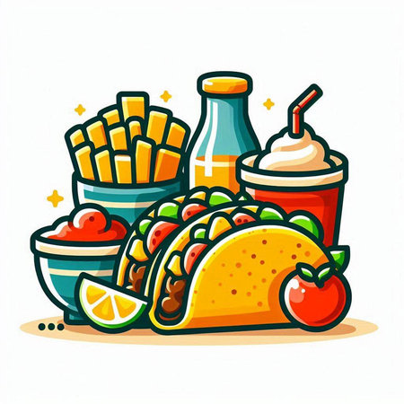Tacos with fries, ketchup and soda. Fast food vector illustration.のイラスト素材