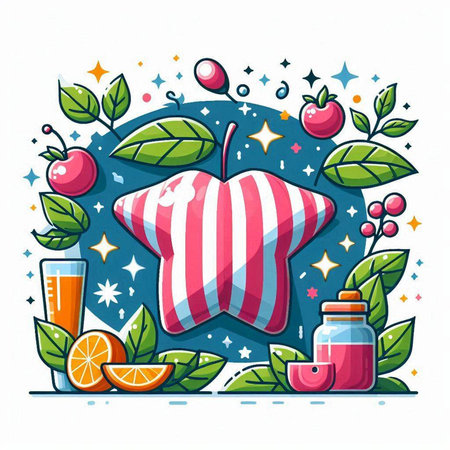 Cute hand drawn vector illustration of an apple with a striped pattern and a glass of juice on a white background.のイラスト素材