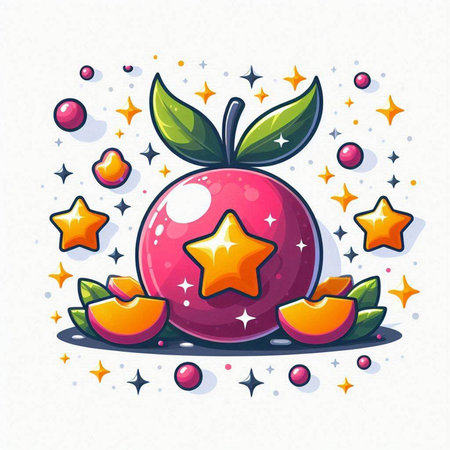 Cute cartoon vector illustration of apple fruit with stars and confetti.のイラスト素材
