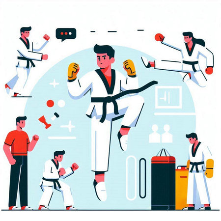 Tae Kwon Do or Karate Sport. People in Sportswear Training with Kata and Martial Arts Equipment. Vector Illustrationのイラスト素材