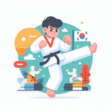 Taekwondo sport, karate training, vector illustration.のイラスト素材