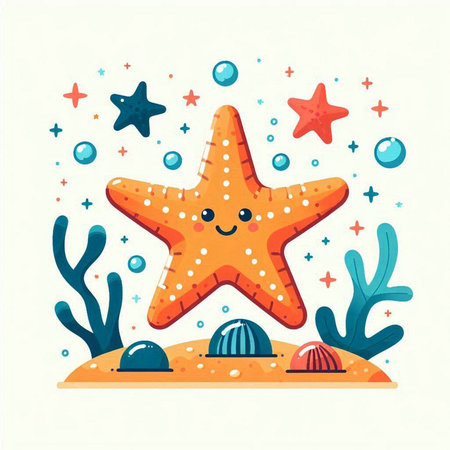 Starfish on the beach. Cute cartoon character. Vector illustration.のイラスト素材