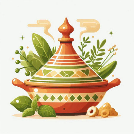 Ceramic pot with green herbs and spices. Vector illustration.のイラスト素材