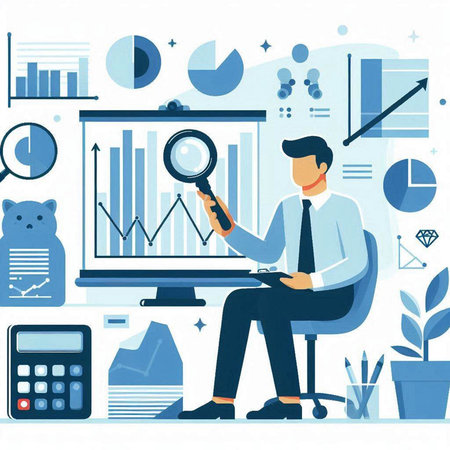 Vector illustration of a businessman sitting on a chair and looking through a magnifying glass at the charts and graphsのイラスト素材