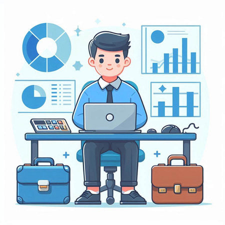 Businessman sitting at desk with laptop and briefcase. Vector illustration in cartoon styleのイラスト素材