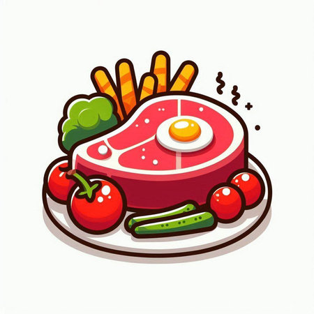 Illustration of a steak with vegetables and fried egg on a plateのイラスト素材