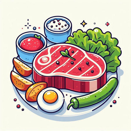 Illustration of beef steak with vegetables on white background, vector illustrationのイラスト素材