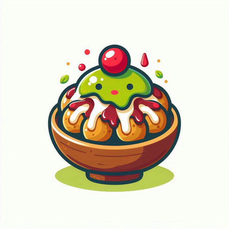 Cute cartoon ice cream in a bowl with cherry. Vector illustration.のイラスト素材