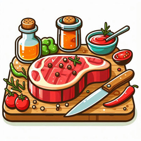Steak on cutting board with vegetables and spices. Vector illustration.のイラスト素材