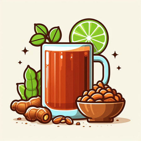 Cocktail and ingredients. Vector illustration of a glass of hot drink.のイラスト素材