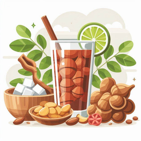 Cocktail with ice cubes, nuts and fruits. Vector illustrationのイラスト素材