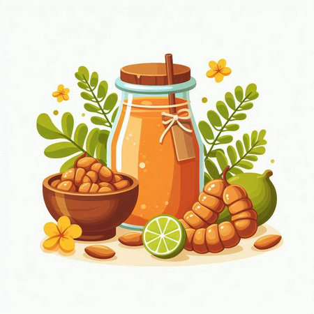 Honey in a glass jar with nuts and lime. Vector illustration.のイラスト素材