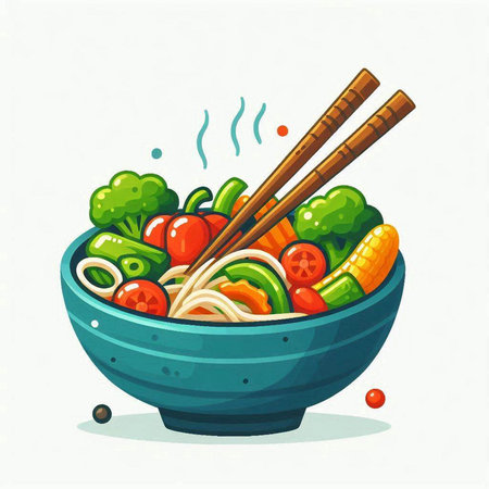 Bowl of noodles with vegetables and chopsticks. Vector illustration.のイラスト素材
