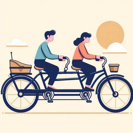 Couple riding a tandem bike in the park. Vector illustration.のイラスト素材