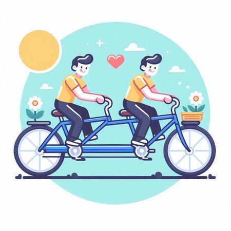 Couple in love riding a tandem bicycle. Flat style vector illustration.のイラスト素材