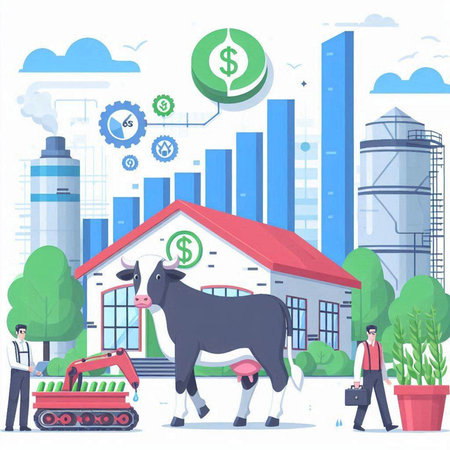 Farmer and cow on the background of the city. Vector illustrationのイラスト素材