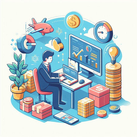 Businessman working on computer in office. Business concept. Vector illustrationのイラスト素材