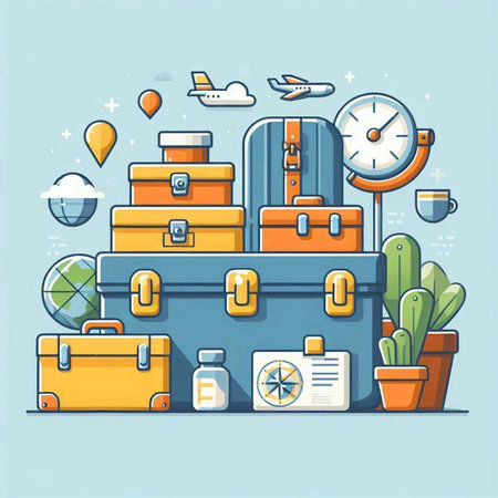 Suitcases and travel items. Vector illustration in flat style.のイラスト素材