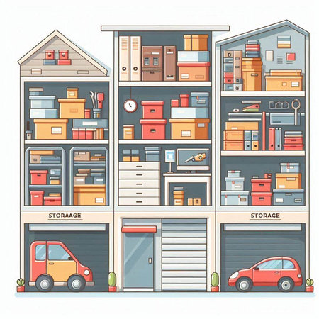 Flat design illustration of a warehouse with boxes, cars and other items.のイラスト素材