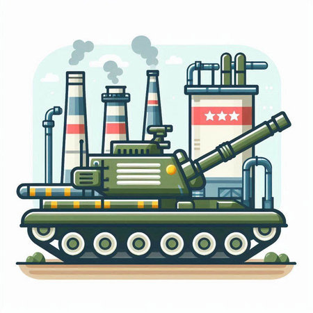 Cartoon tank with pipes and factory on the background. Vector illustration.のイラスト素材
