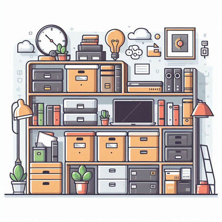 Illustration of a cabinet with various office items. Vector illustration.のイラスト素材