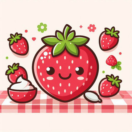 Strawberry on a checkered tablecloth, vector illustrationのイラスト素材