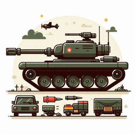 Military tank on the background of military equipment. Flat vector illustration.のイラスト素材