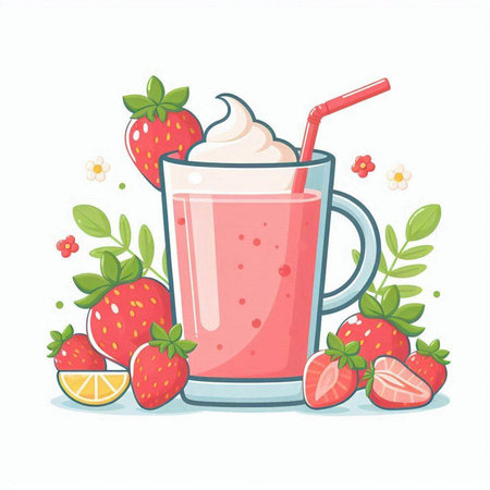 Strawberry milkshake in a glass with a straw and strawberriesのイラスト素材