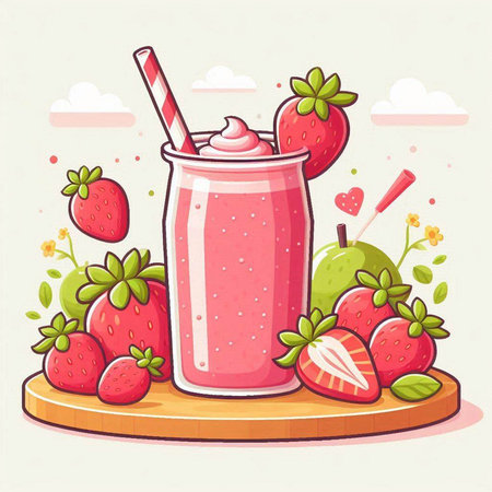 Strawberry milkshake in a glass with a straw. Vector illustration.のイラスト素材