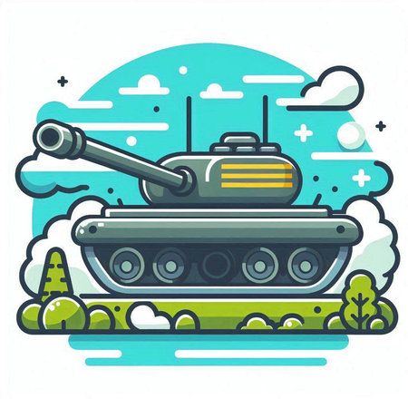 Vector illustration of tank in flat style on white background with clouds.のイラスト素材