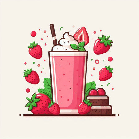 Strawberry milkshake with chocolate and strawberries. Vector illustration.のイラスト素材