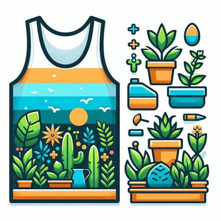 Vector illustration of a flat design of a green garden with plants and watering canのイラスト素材