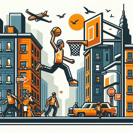 Basketball player jumping over the street. Vector illustration in retro style.のイラスト素材