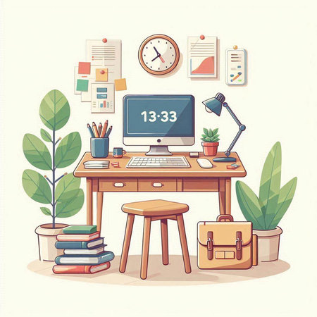 Vector illustration of workplace with computer, books, stationery, lamp and plant.のイラスト素材
