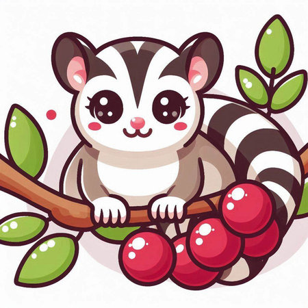 Cute cartoon skunk sitting on a branch with berries. Vector illustration.のイラスト素材