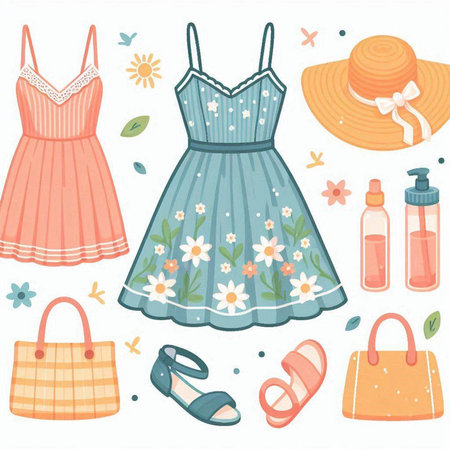 Illustration of a set of summer clothes and accessories on a white backgroundのイラスト素材