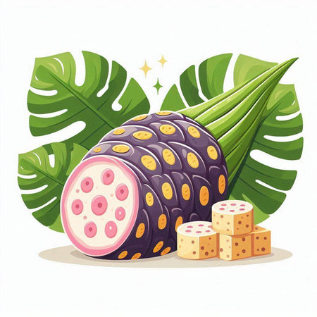 Illustration of a tropical fruit with leaves and cubes on a white backgroundのイラスト素材