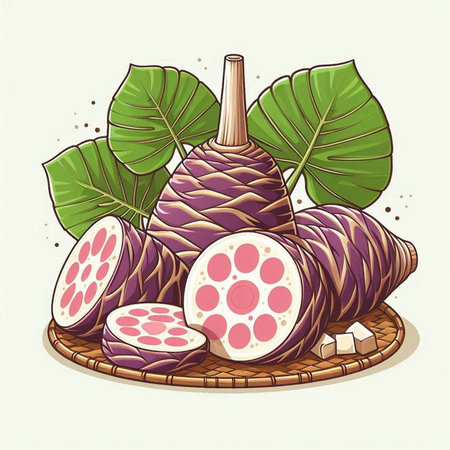 Illustration of a lotus root in a wicker basket.のイラスト素材