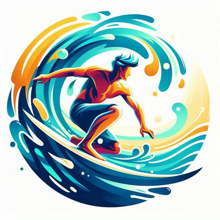 Surfer girl on surfboard. Vector illustration of surfer girl.のイラスト素材