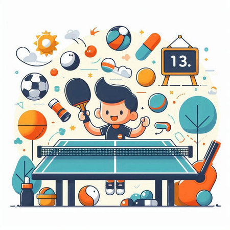Boy playing table tennis with set of sport elements. Vector illustration.のイラスト素材