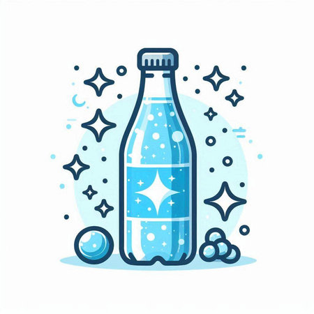 Bottle of water with bubbles and stars. Vector illustration in flat style.のイラスト素材