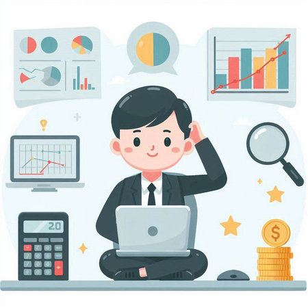 Businessman sitting on the floor with a laptop. Vector illustration.のイラスト素材